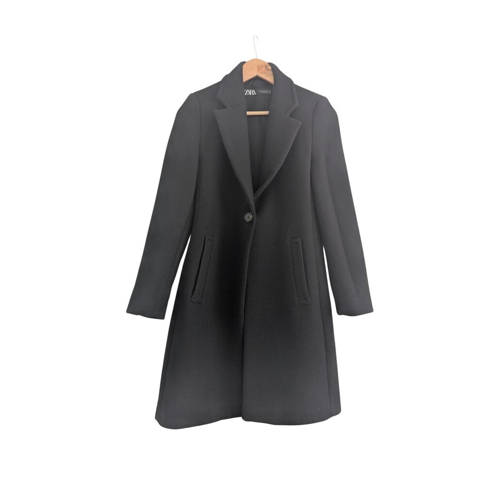 Zara Wool Blend Black Coat XS Tailored Longline Minimal Classic Jacket - Picture 3 of 7